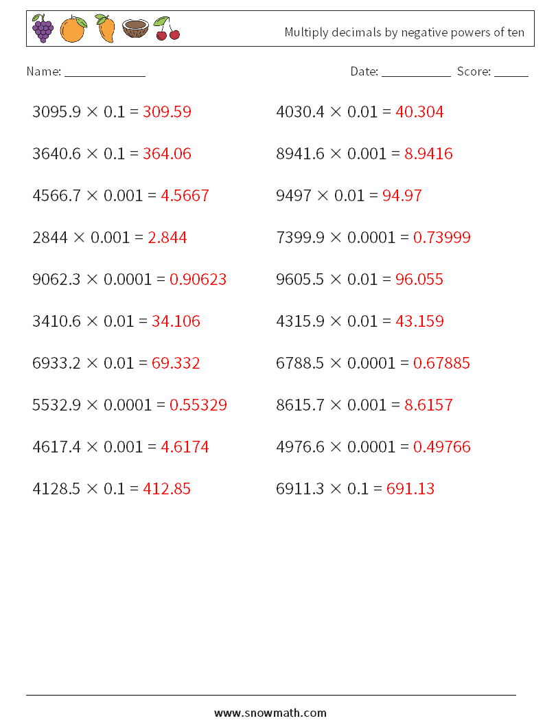 Multiply decimals by negative powers of ten Math Worksheets 7 Question, Answer