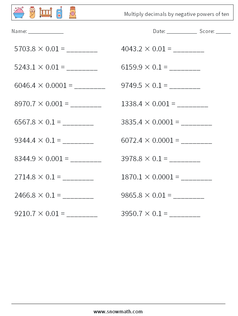 Multiply decimals by negative powers of ten Maths Worksheets 8