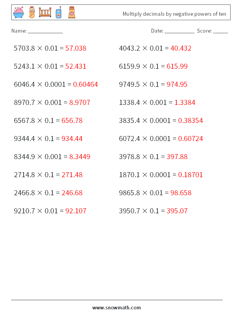 Multiply decimals by negative powers of ten Math Worksheets 8 Question, Answer