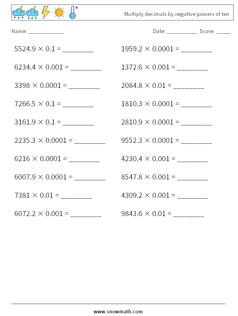 Multiply decimals by negative powers of ten Math Worksheets 9