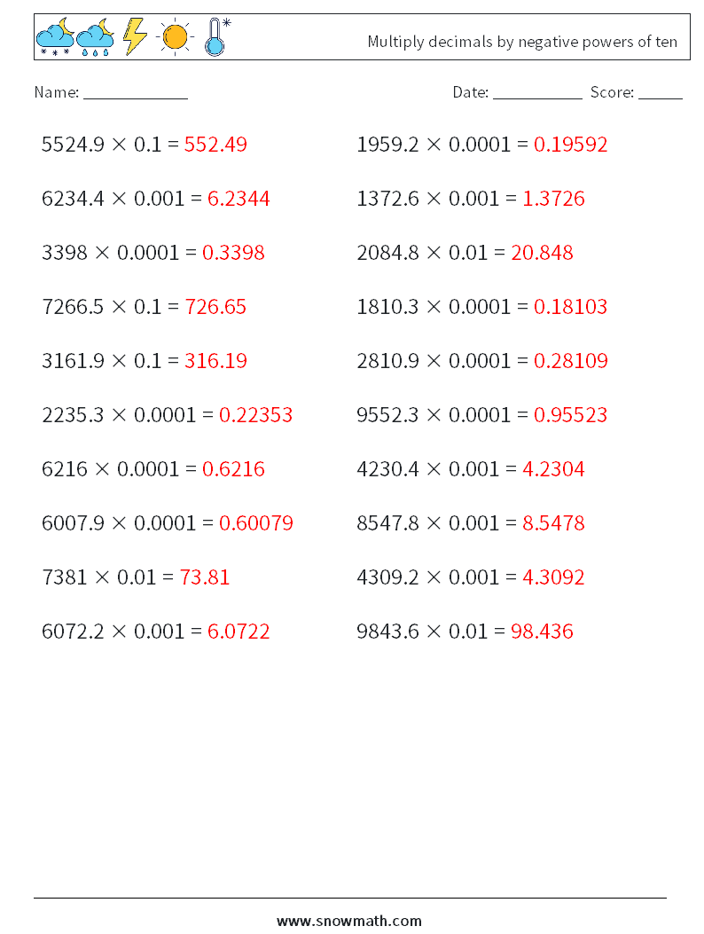 Multiply decimals by negative powers of ten Math Worksheets 9 Question, Answer