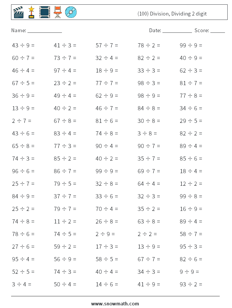 (100) Division, Dividing 2 digit Maths Worksheets 1