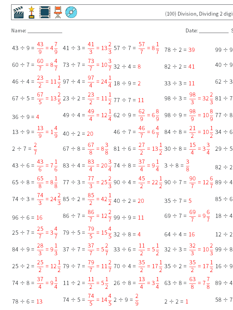 (100) Division, Dividing 2 digit Math Worksheets 1 Question, Answer