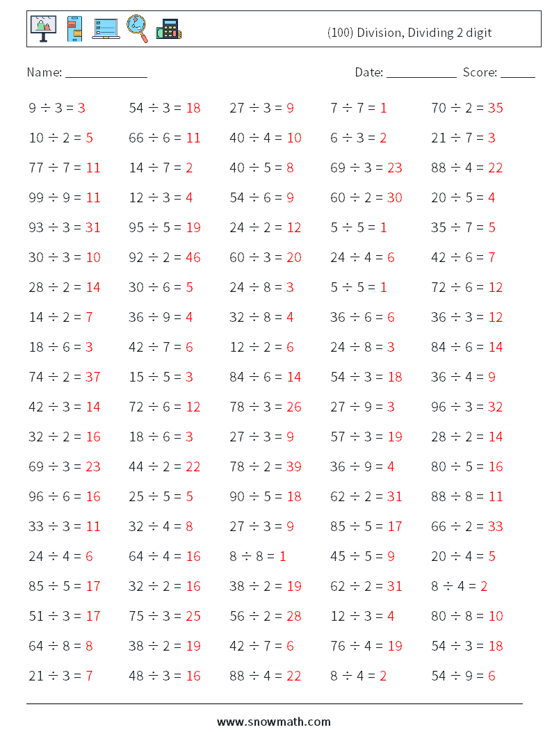 (100) Division, Dividing 2 digit Math Worksheets 2 Question, Answer
