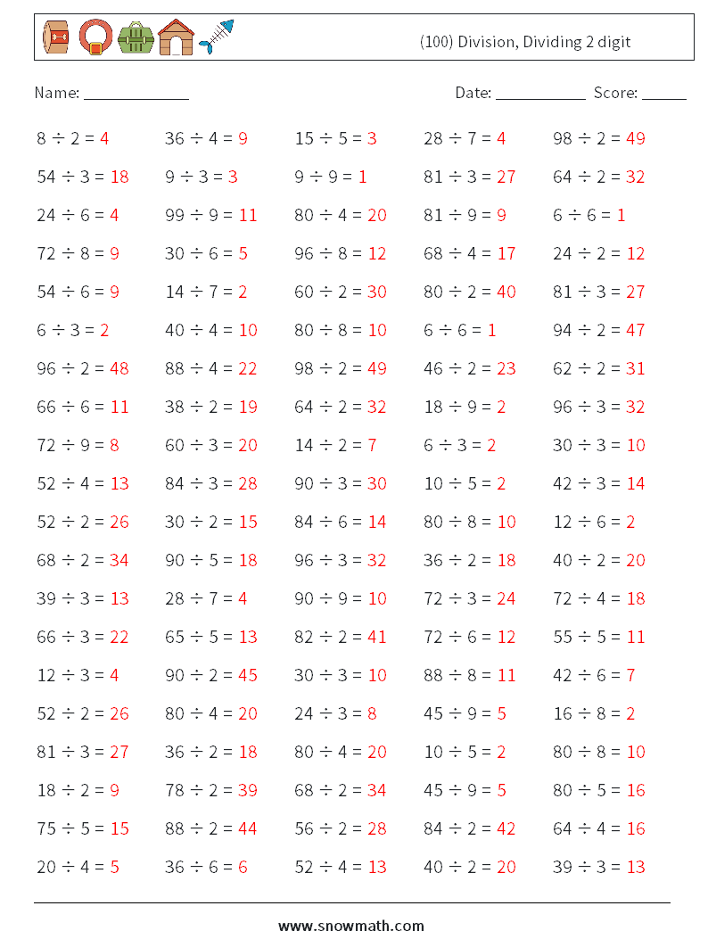 (100) Division, Dividing 2 digit Math Worksheets 3 Question, Answer