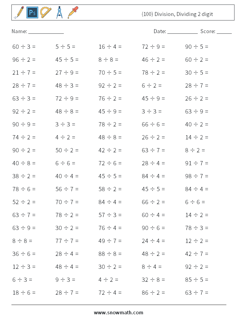 (100) Division, Dividing 2 digit Math Worksheets 4