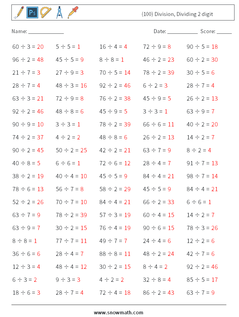 (100) Division, Dividing 2 digit Math Worksheets 4 Question, Answer