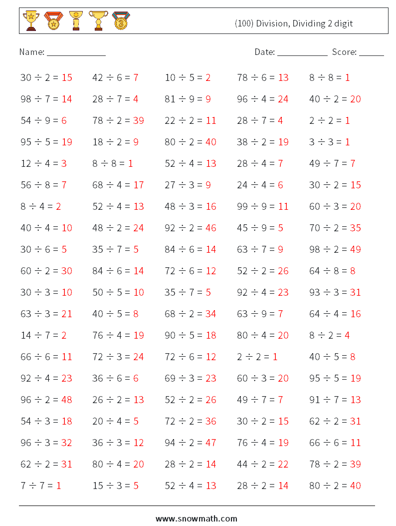 (100) Division, Dividing 2 digit Math Worksheets 5 Question, Answer