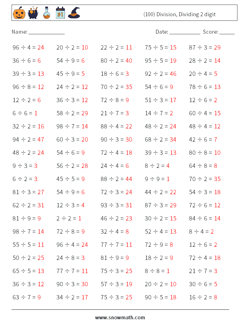 (100) Division, Dividing 2 digit Math Worksheets 6 Question, Answer