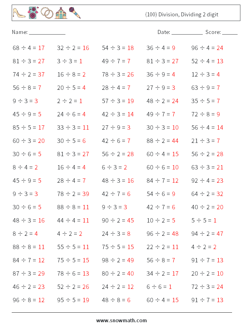 (100) Division, Dividing 2 digit Math Worksheets 7 Question, Answer