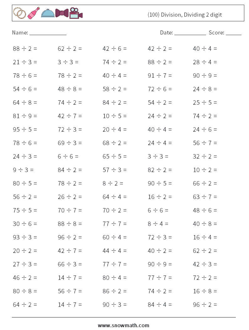 (100) Division, Dividing 2 digit Math Worksheets 8