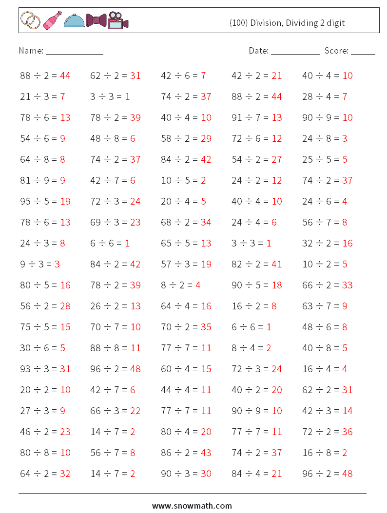(100) Division, Dividing 2 digit Math Worksheets 8 Question, Answer
