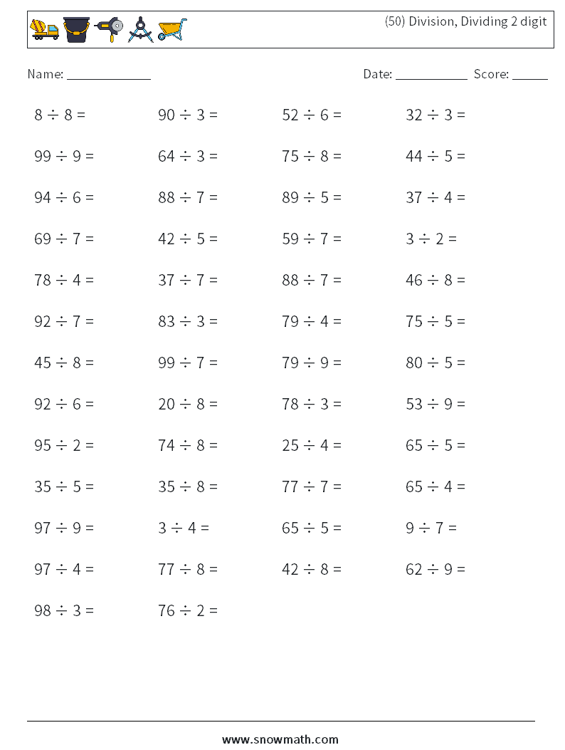 (50) Division, Dividing 2 digit Math Worksheets 1