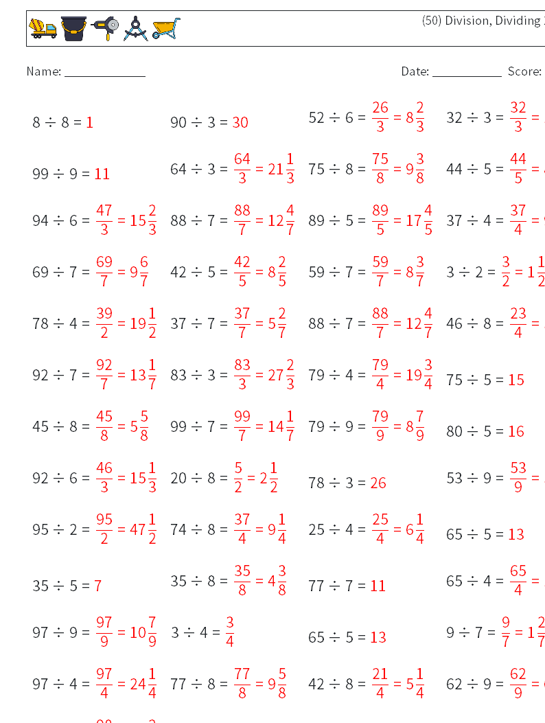 (50) Division, Dividing 2 digit Math Worksheets 1 Question, Answer