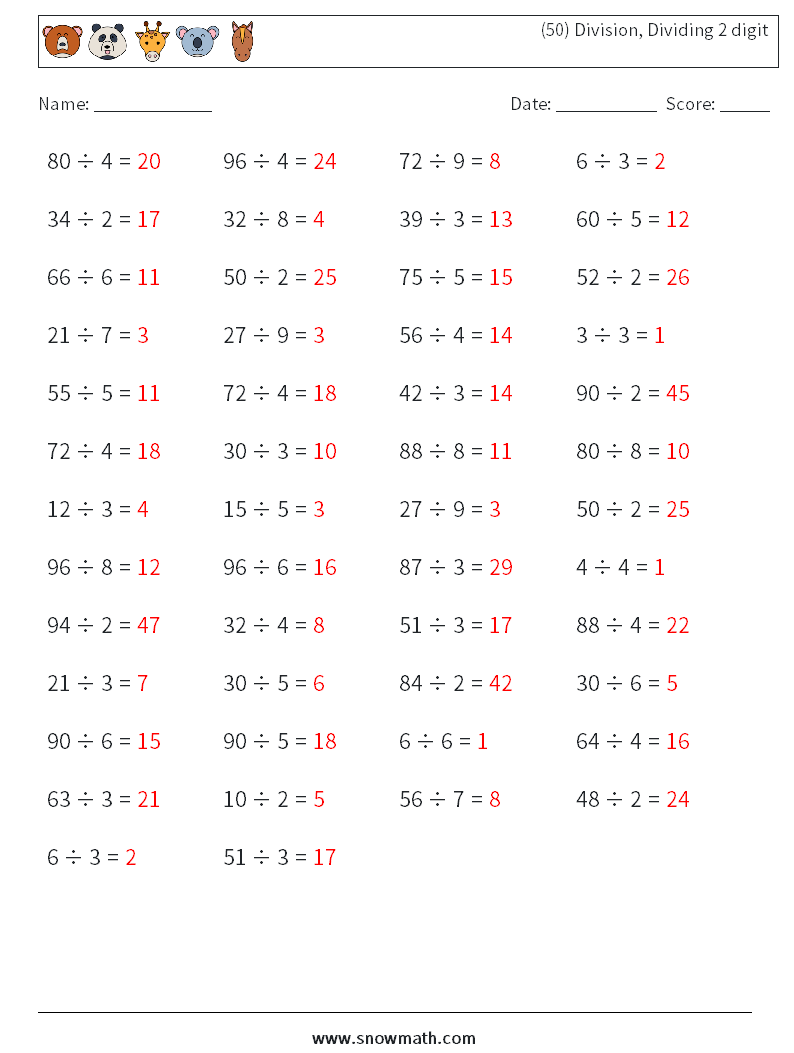 (50) Division, Dividing 2 digit Math Worksheets 2 Question, Answer