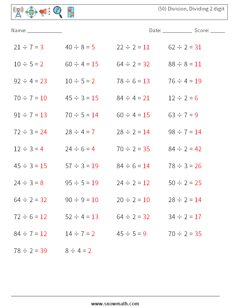 (50) Division, Dividing 2 digit Math Worksheets 3 Question, Answer
