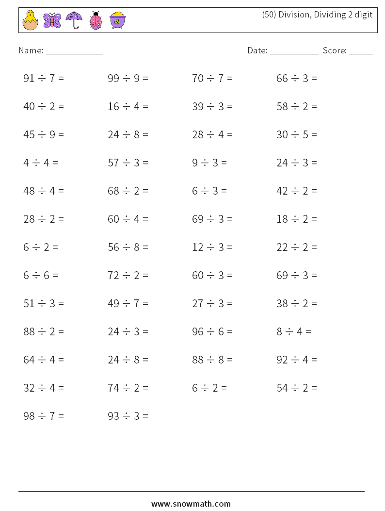 (50) Division, Dividing 2 digit Maths Worksheets 4