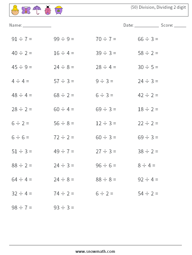 (50) Division, Dividing 2 digit Math Worksheets 4