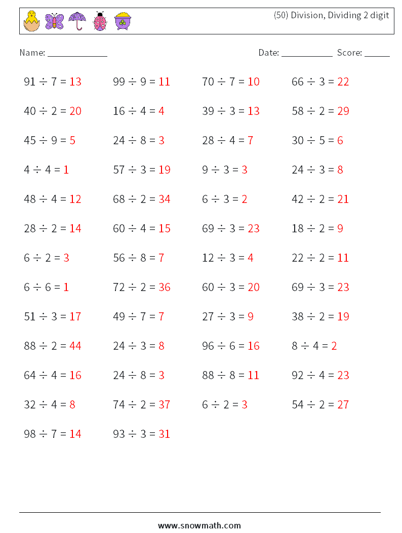 (50) Division, Dividing 2 digit Math Worksheets 4 Question, Answer