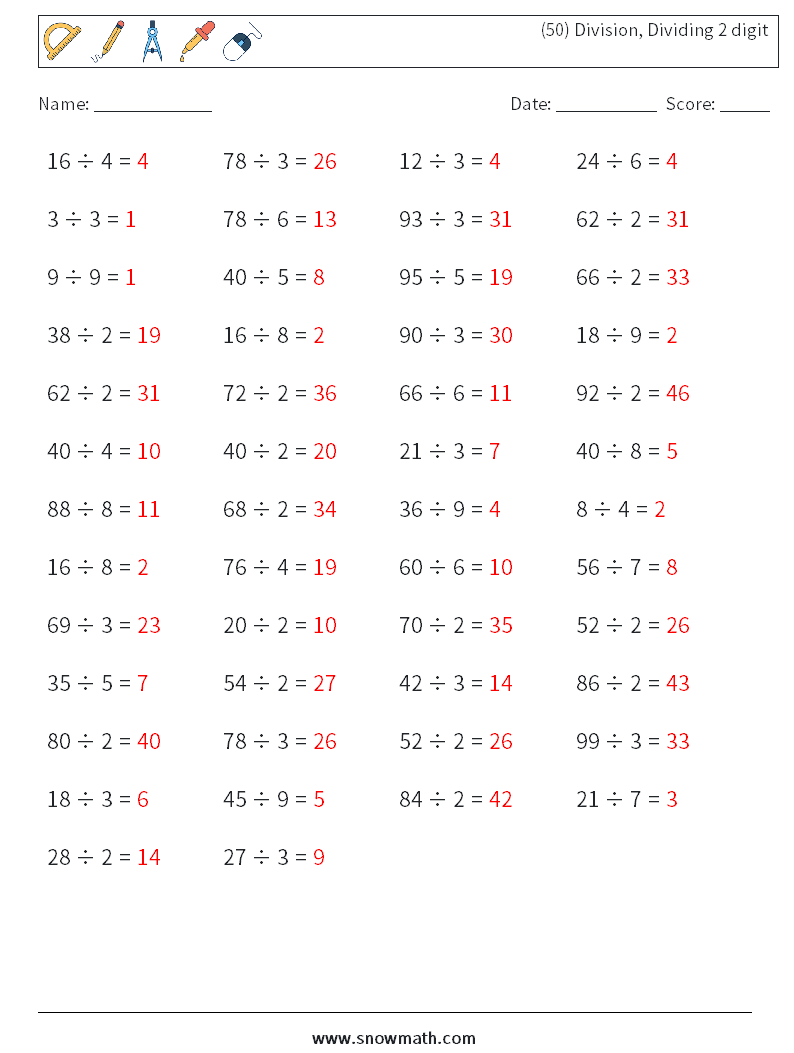 (50) Division, Dividing 2 digit Math Worksheets 5 Question, Answer