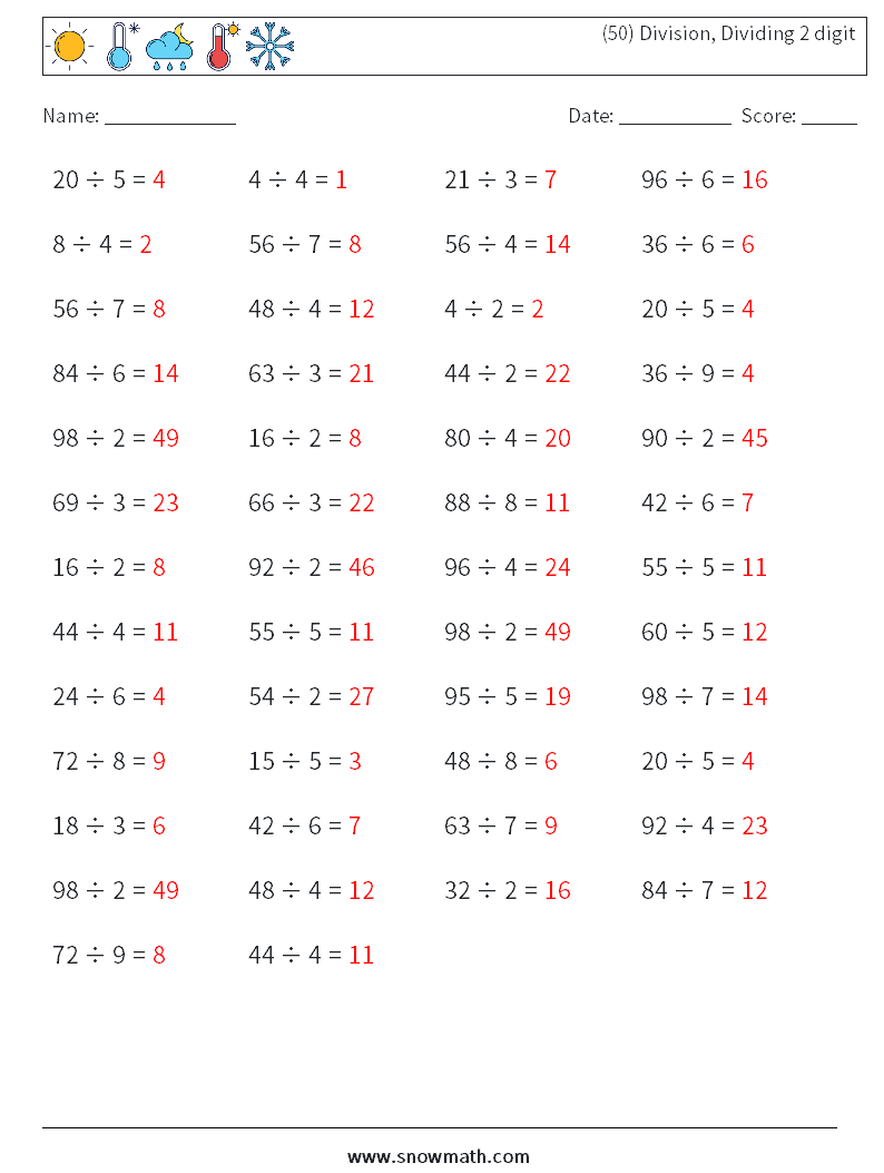 (50) Division, Dividing 2 digit Math Worksheets 6 Question, Answer