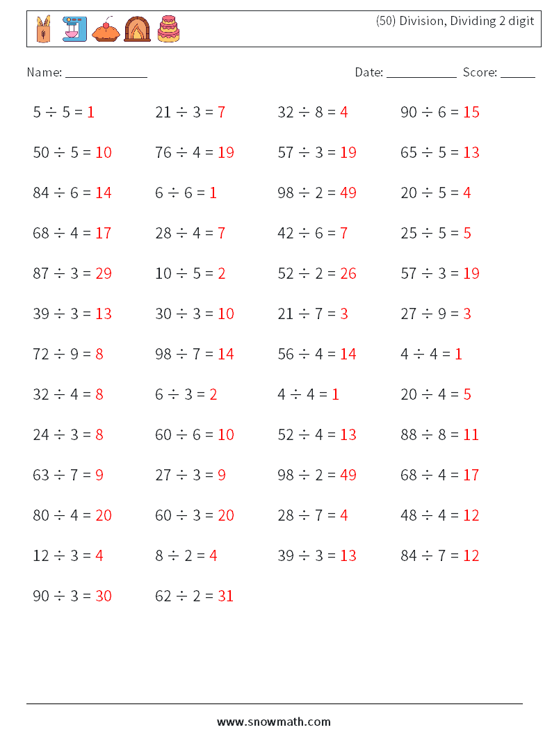 (50) Division, Dividing 2 digit Math Worksheets 7 Question, Answer