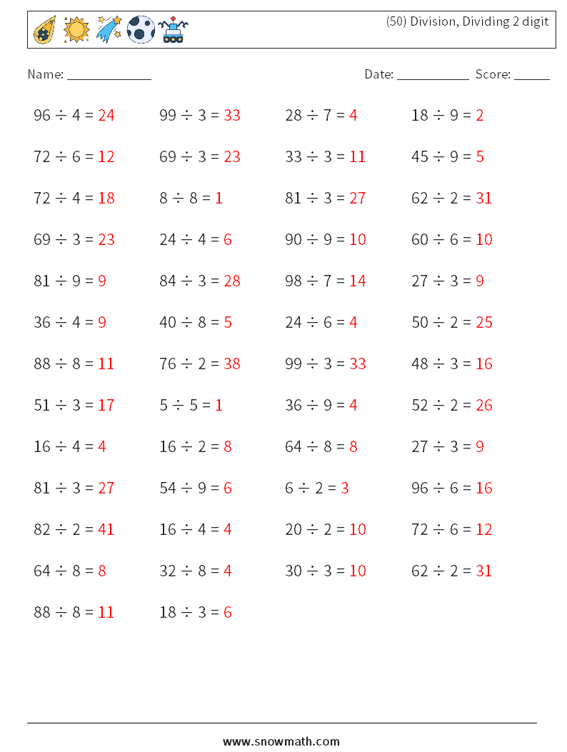 (50) Division, Dividing 2 digit Math Worksheets 8 Question, Answer