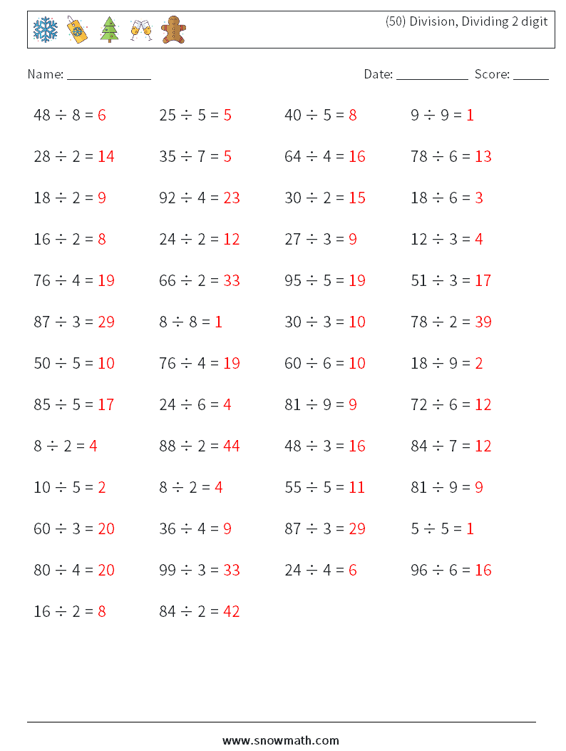 (50) Division, Dividing 2 digit Math Worksheets 9 Question, Answer