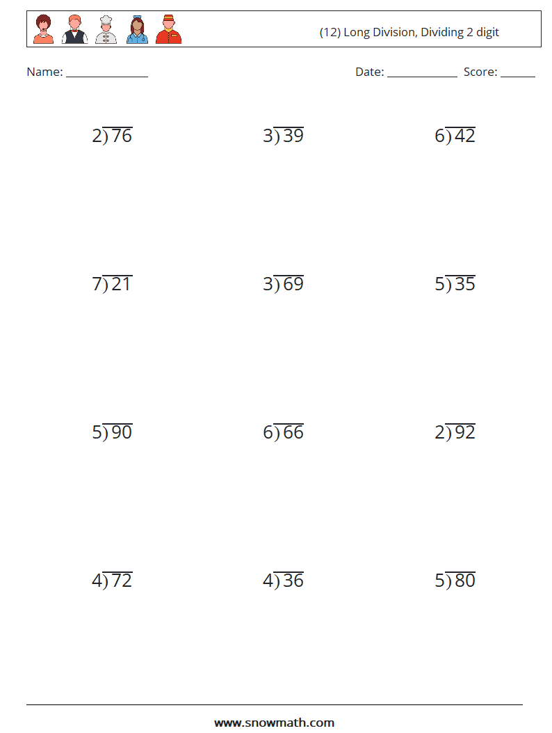 (12) Long Division, Dividing 2 digit Math Worksheets 1