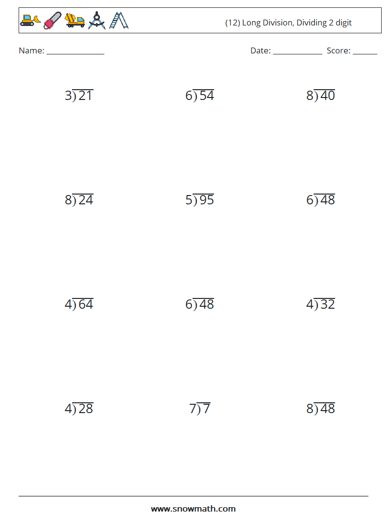 (12) Long Division, Dividing 2 digit Math Worksheets 13