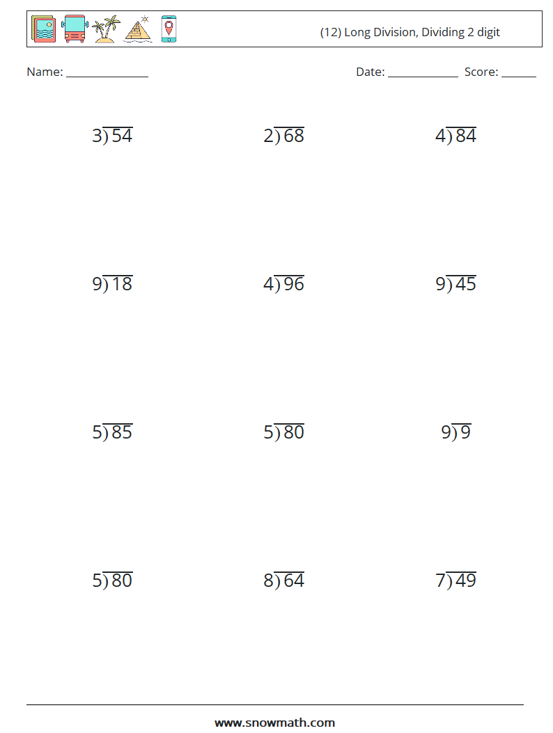 (12) Long Division, Dividing 2 digit Math Worksheets 14