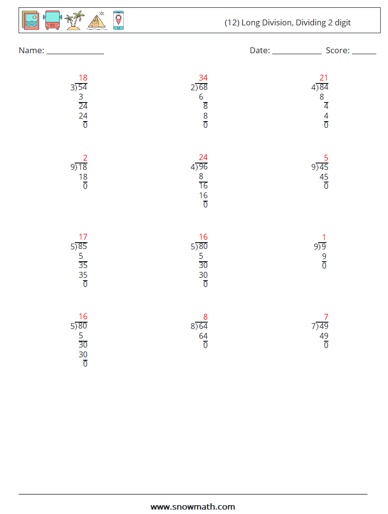 (12) Long Division, Dividing 2 digit Math Worksheets 14 Question, Answer