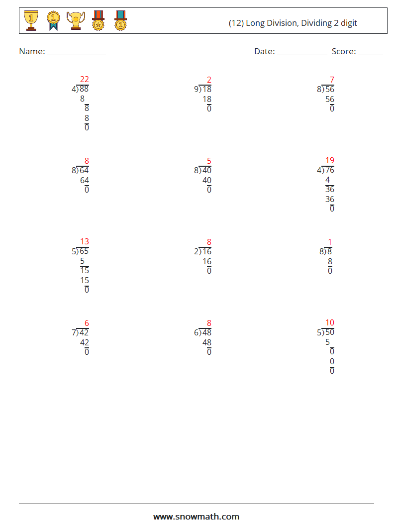(12) Long Division, Dividing 2 digit Math Worksheets 15 Question, Answer