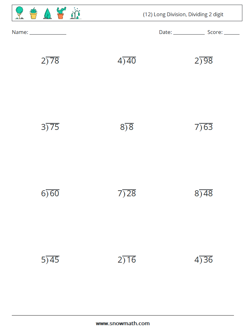 (12) Long Division, Dividing 2 digit Math Worksheets 16