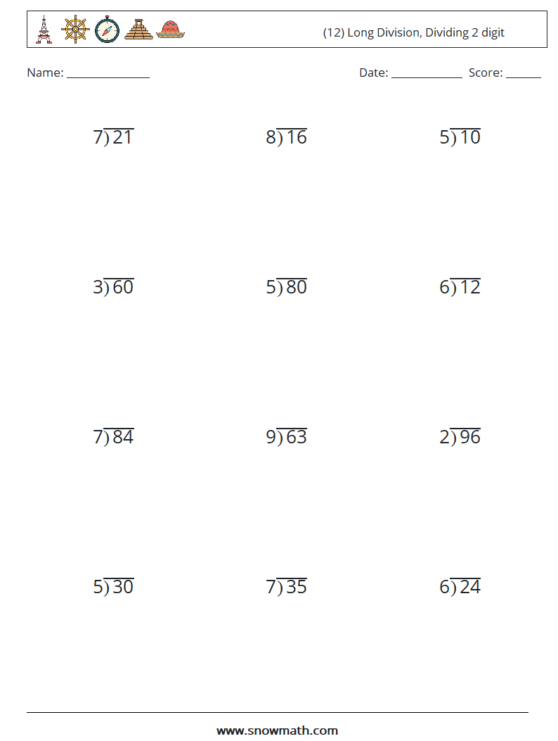 (12) Long Division, Dividing 2 digit Maths Worksheets 17