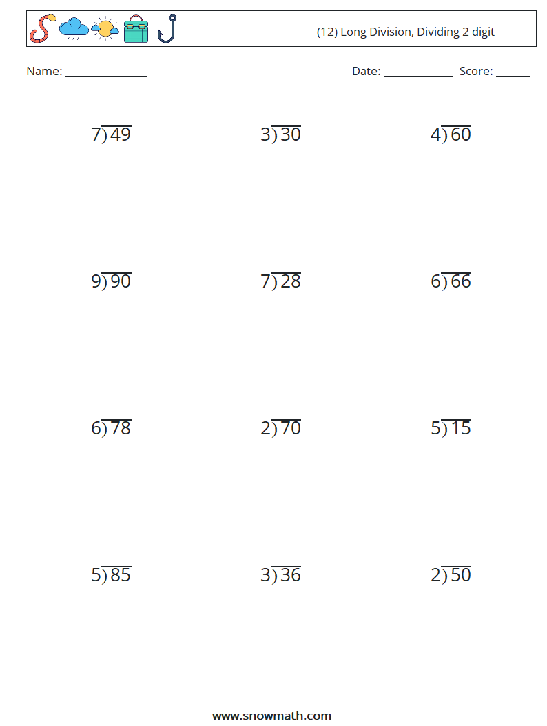 (12) Long Division, Dividing 2 digit Maths Worksheets 18