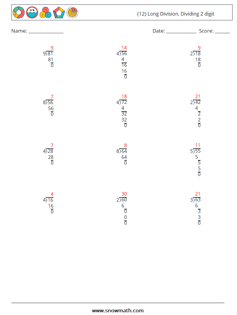 (12) Long Division, Dividing 2 digit Math Worksheets 2 Question, Answer