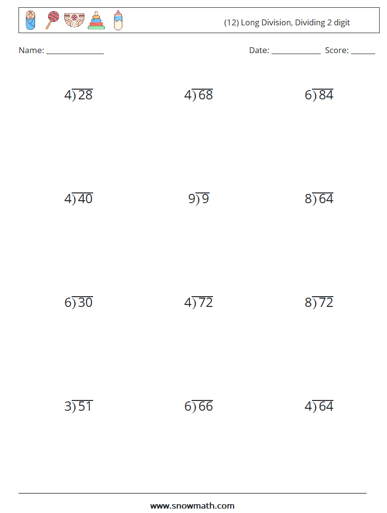 (12) Long Division, Dividing 2 digit Math Worksheets 4