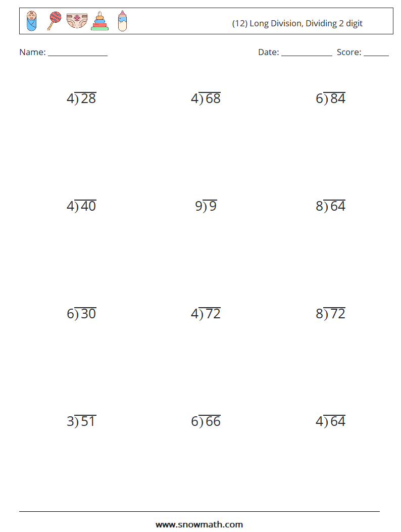 (12) Long Division, Dividing 2 digit Maths Worksheets 4