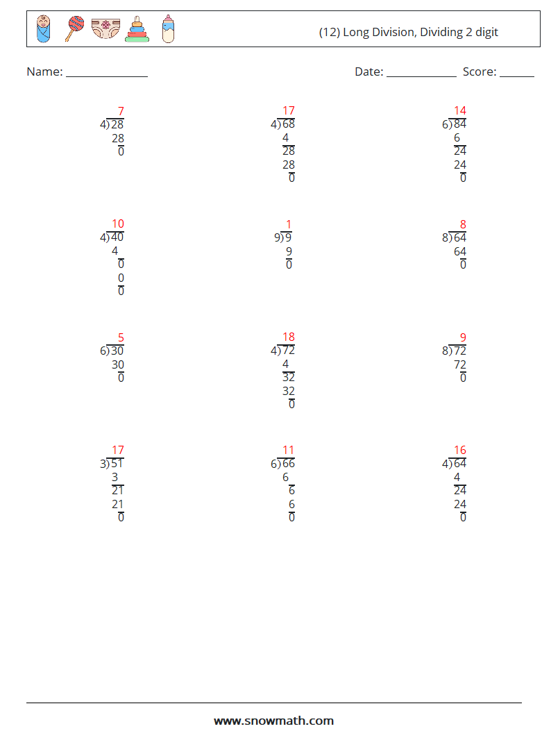 (12) Long Division, Dividing 2 digit Math Worksheets 4 Question, Answer