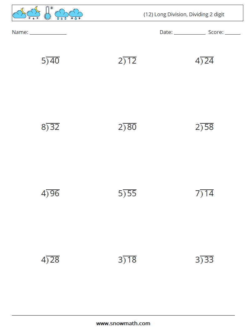 (12) Long Division, Dividing 2 digit Math Worksheets 5