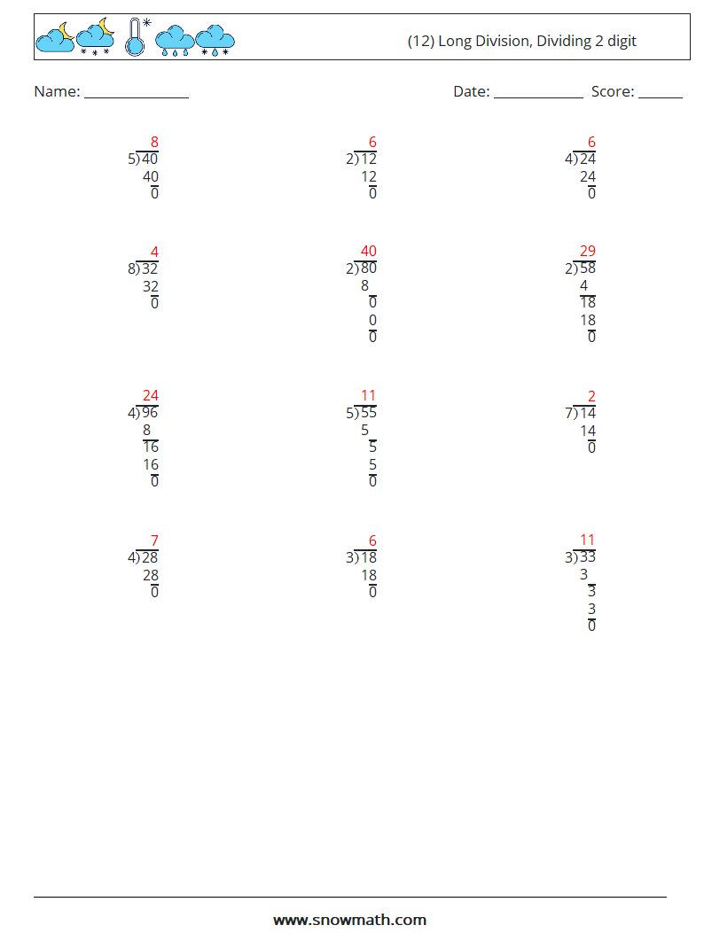 (12) Long Division, Dividing 2 digit Math Worksheets 5 Question, Answer