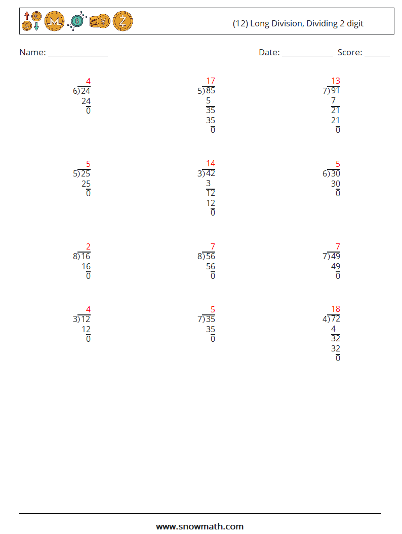 (12) Long Division, Dividing 2 digit Math Worksheets 6 Question, Answer