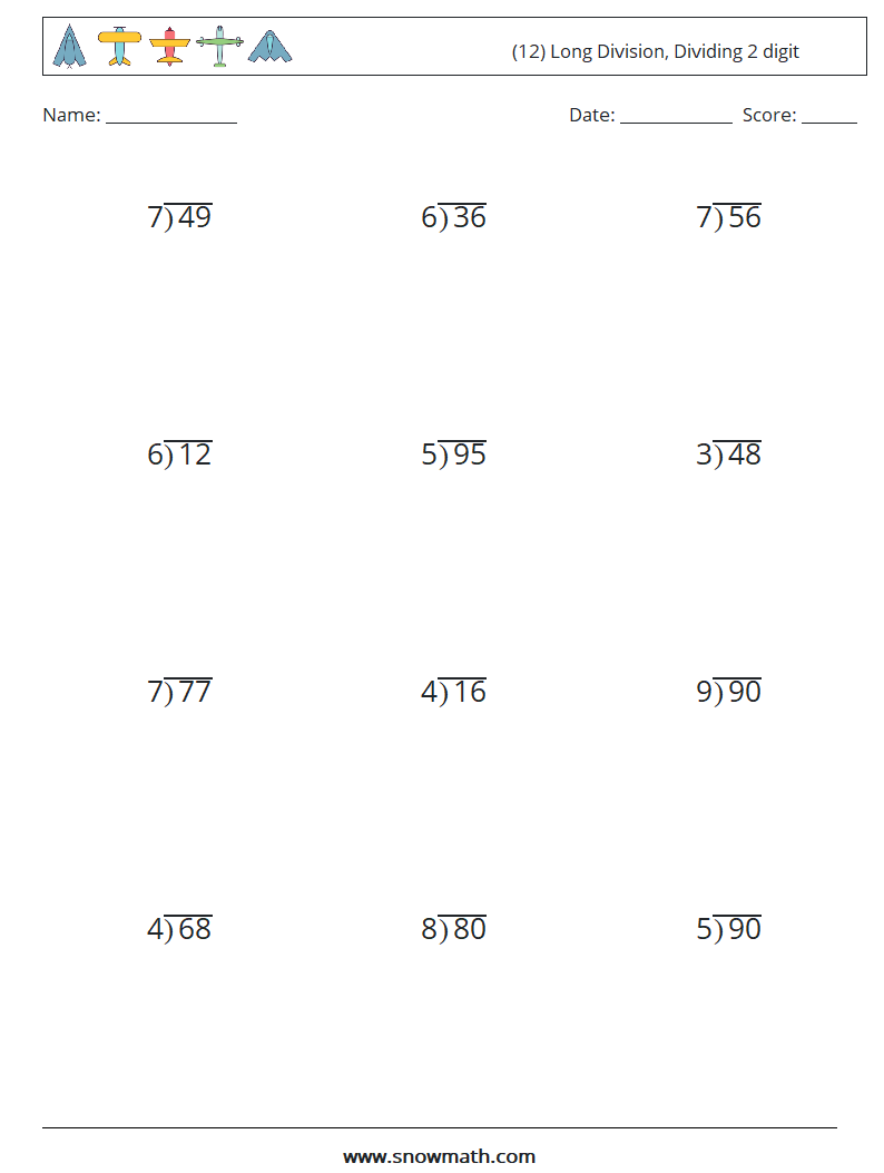 (12) Long Division, Dividing 2 digit Maths Worksheets 7