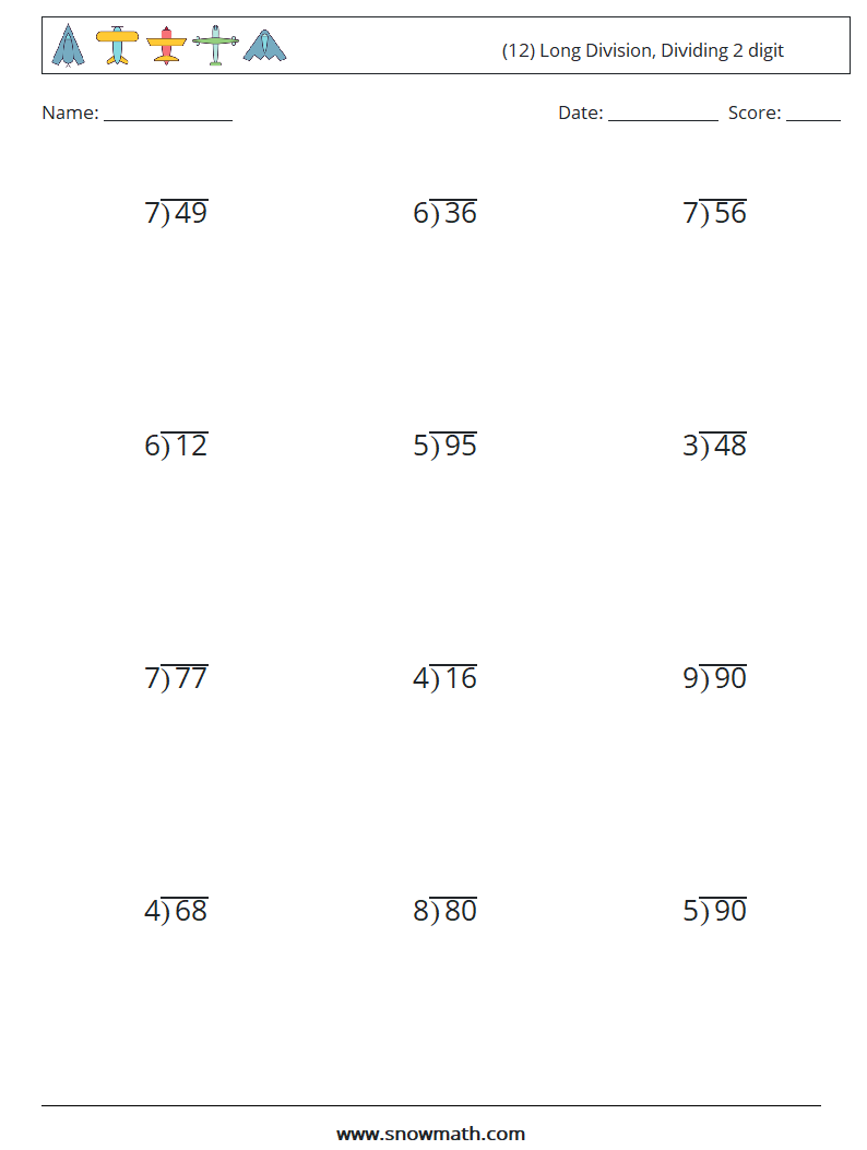 (12) Long Division, Dividing 2 digit Math Worksheets 7