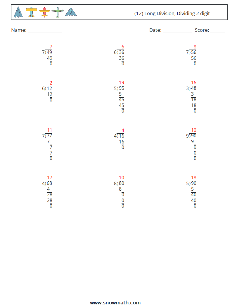 (12) Long Division, Dividing 2 digit Math Worksheets 7 Question, Answer