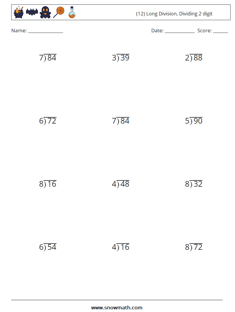 (12) Long Division, Dividing 2 digit Math Worksheets 8