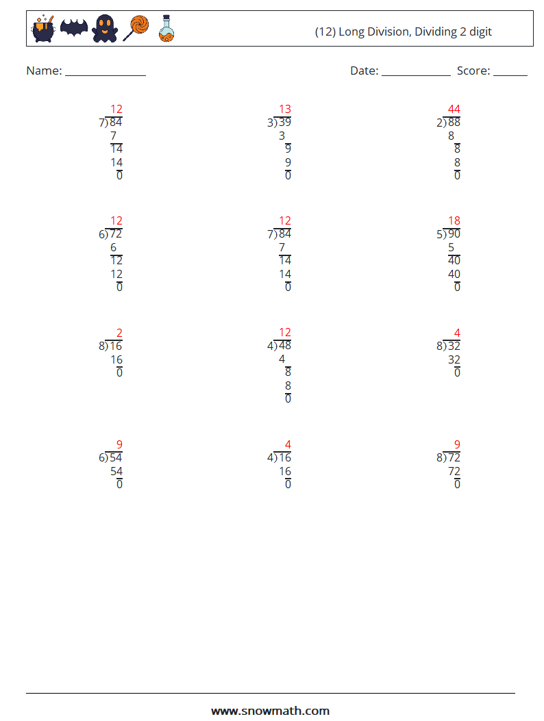 (12) Long Division, Dividing 2 digit Math Worksheets 8 Question, Answer