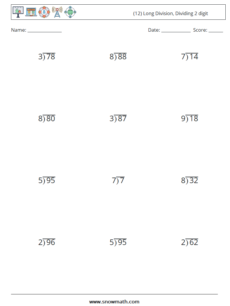 (12) Long Division, Dividing 2 digit Math Worksheets 9
