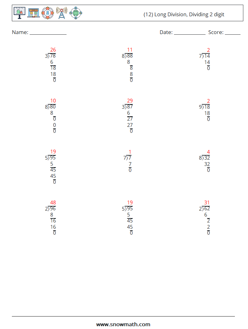 (12) Long Division, Dividing 2 digit Math Worksheets 9 Question, Answer